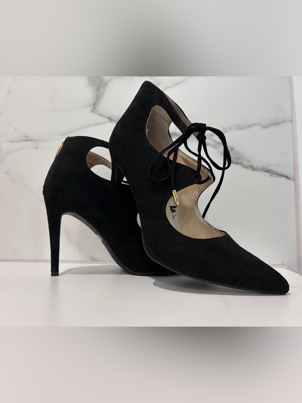Marc Fisher Truthe Black Suede Lace Up Pointed Toe Cutout Pumps 8